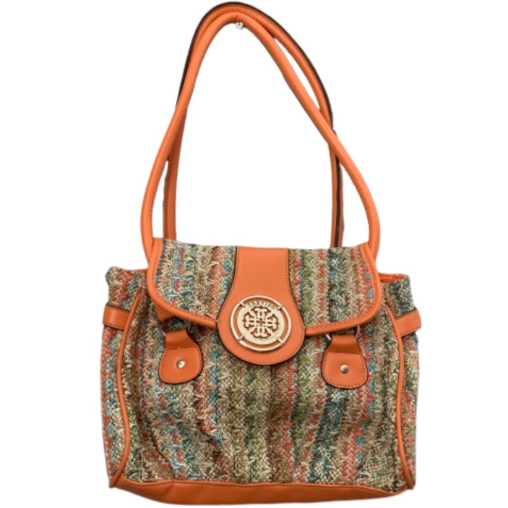 Treviso handbag woven orange tan faux gold accents boho bohemian straw rattan